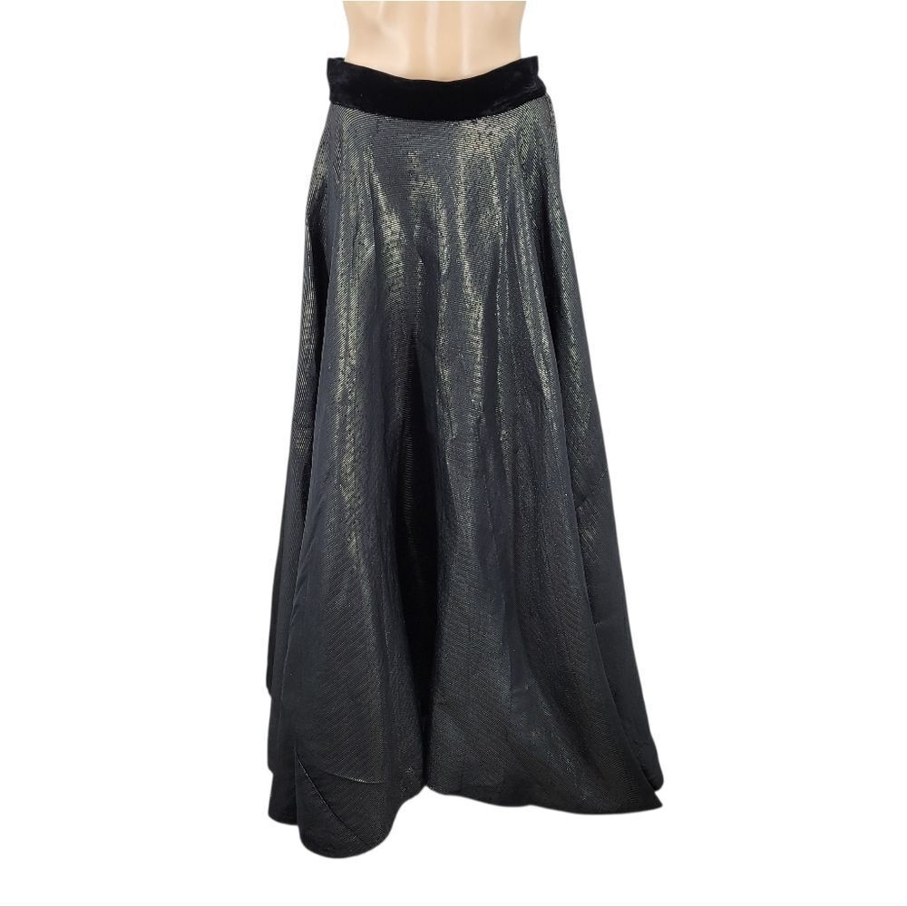 50s Handmade Lurex Black and Gold Striped Fabric Maxi Skirt Velvet Waistband